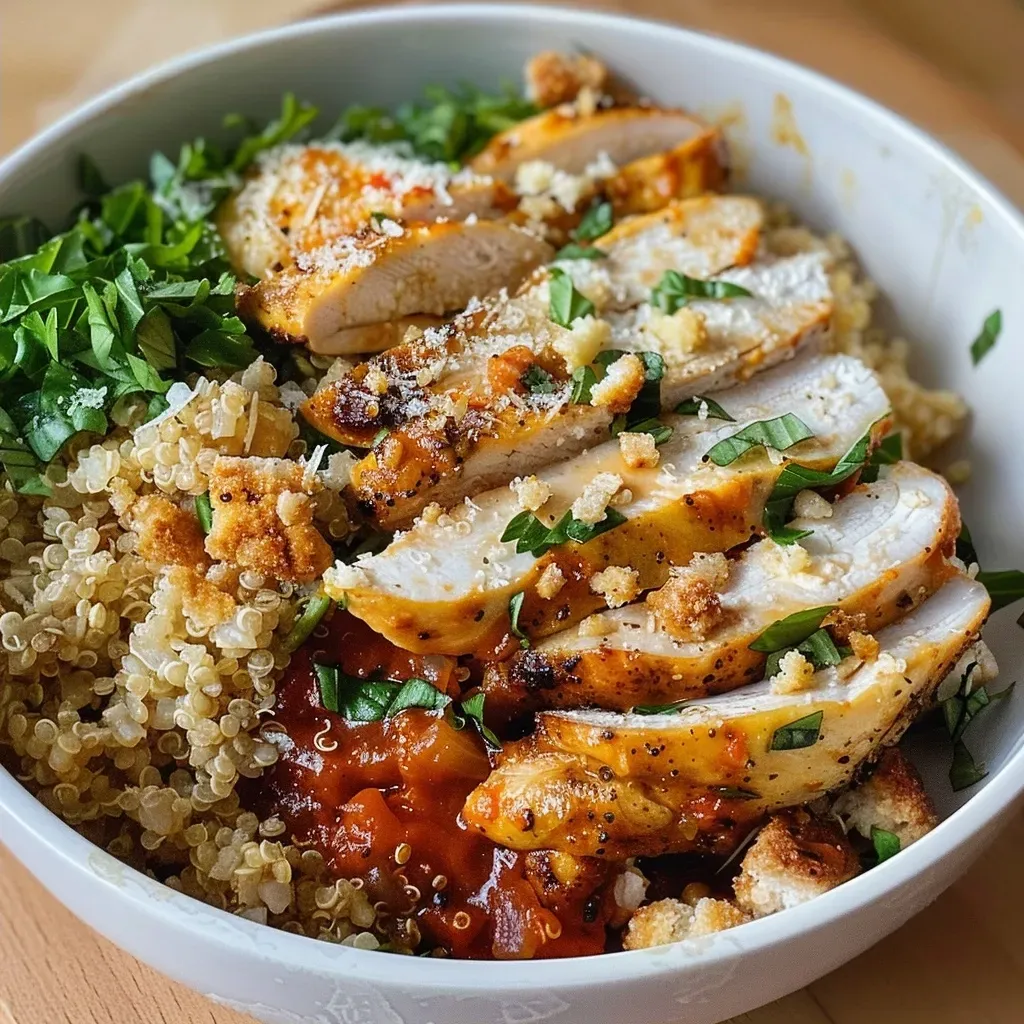 ['Close-up of a colorful Parmesan Chicken Quinoa Bowl with vibrant vegetables and chicken.', 'Side view of a delicious Parmesan Chicken Quinoa Bowl featuring chicken, quinoa, and marinara sauce.', 'Juicy Parmesan Chicken on a bed of quinoa, garnished with fresh herbs and cheese.', 'A hearty quinoa bowl showcasing sliced chicken, mushrooms, and a medley of colorful vegetables.']