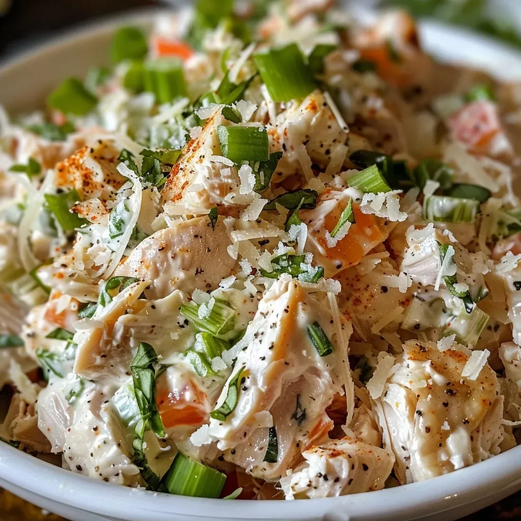 ['A close-up of a fresh Parmesan Chicken Salad with diced chicken, celery, and green onions.', 'Side view of a vibrant Parmesan Chicken Salad featuring chicken and grated Parmesan on top.', 'Juicy Parmesan Chicken Salad displayed on a plate, highlighting its creamy texture and colorful ingredients.', 'Detailed close-up of a bowl filled with Parmesan Chicken Salad, showcasing chopped vegetables and grated cheese.']