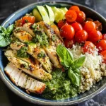 ['A vibrant Pesto Chicken Quinoa Bowl featuring quinoa, grilled chicken, cherry tomatoes, and zucchini.', 'Close-up of a colorful bowl filled with pesto chicken, quinoa, and fresh vegetables.', 'A delicious Pesto Chicken Quinoa Bowl showcased with fresh basil and Parmesan cheese on top.', 'Side view of a nutritious Pesto Chicken Quinoa Bowl with bright ingredients like cherry tomatoes and zucchini.']