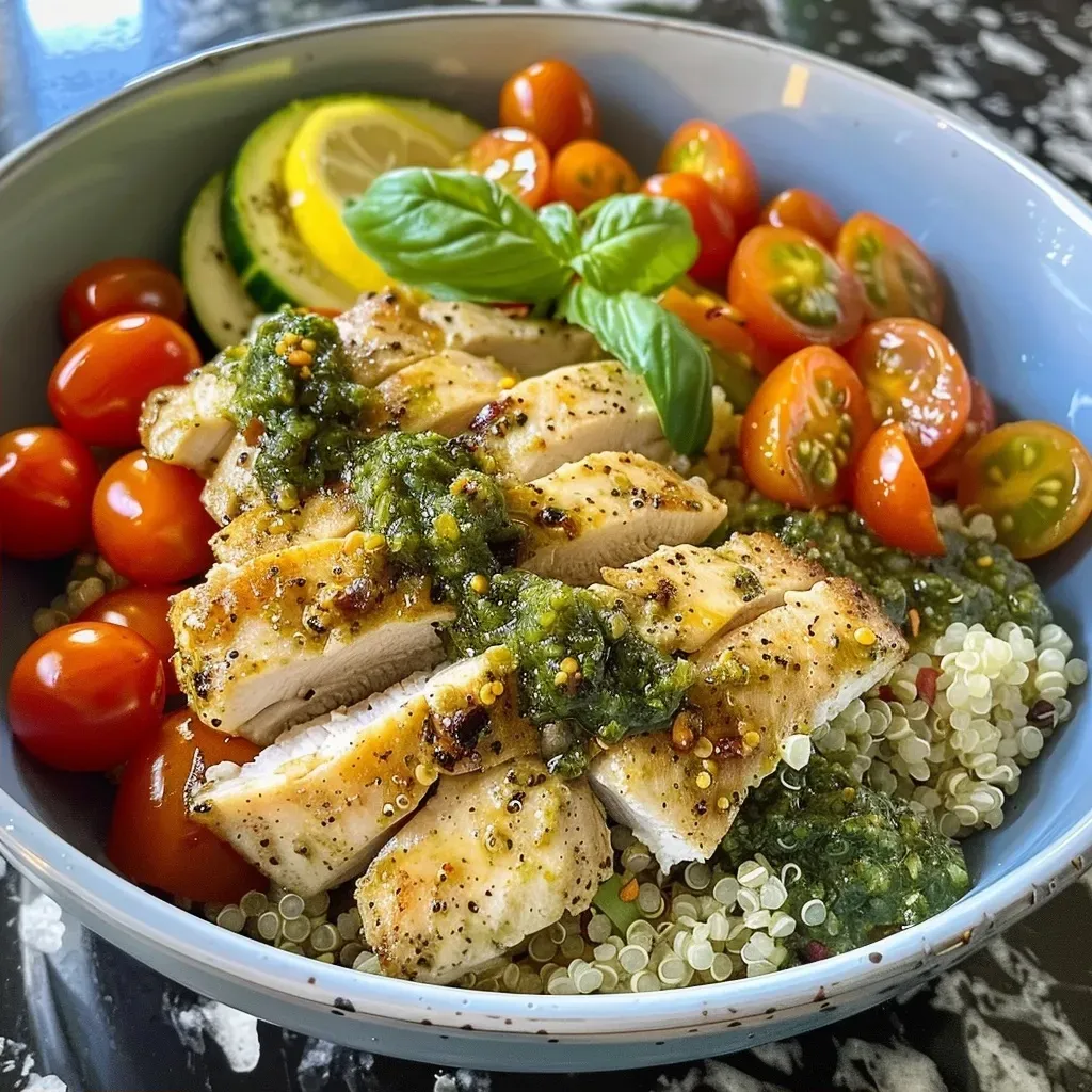 ['A vibrant Pesto Chicken Quinoa Bowl featuring quinoa, grilled chicken, cherry tomatoes, and zucchini.', 'Close-up of a colorful bowl filled with pesto chicken, quinoa, and fresh vegetables.', 'A delicious Pesto Chicken Quinoa Bowl showcased with fresh basil and Parmesan cheese on top.', 'Side view of a nutritious Pesto Chicken Quinoa Bowl with bright ingredients like cherry tomatoes and zucchini.']