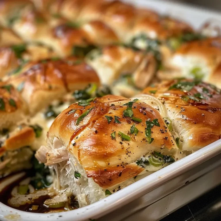 ['Close-up view of Pull-Apart Spanakopita & Chicken Sliders on a plate.', 'Juicy chicken sliders layered with spinach and cheese, served on dinner rolls.', 'Side view of golden-brown sliders filled with chicken and spinach mixture.', 'Melty cheese and spinach-packed sliders, ready to eat.']