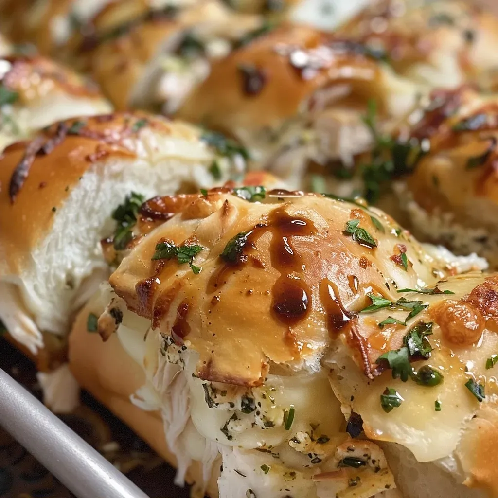 ['Close-up view of Pull-Apart Spanakopita & Chicken Sliders on a plate.', 'Juicy chicken sliders layered with spinach and cheese, served on dinner rolls.', 'Side view of golden-brown sliders filled with chicken and spinach mixture.', 'Melty cheese and spinach-packed sliders, ready to eat.']