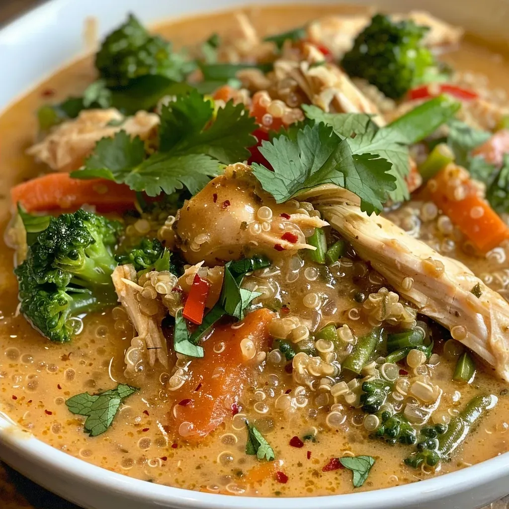 ['Close-up view of a bowl filled with Quinoa Chicken Coconut Curry, showcasing colorful vegetables and creamy coconut sauce.', 'Side view of a dish featuring Quinoa Chicken Coconut Curry, highlighting juicy chicken and vibrant stir-fry vegetables.', 'Detailed close-up of Quinoa Chicken Coconut Curry with visible quinoa grains and a rich coconut milk base.', 'A vibrant bowl of Quinoa Chicken Coconut Curry, emphasizing the texture and ingredients like shredded chicken and vegetables.']