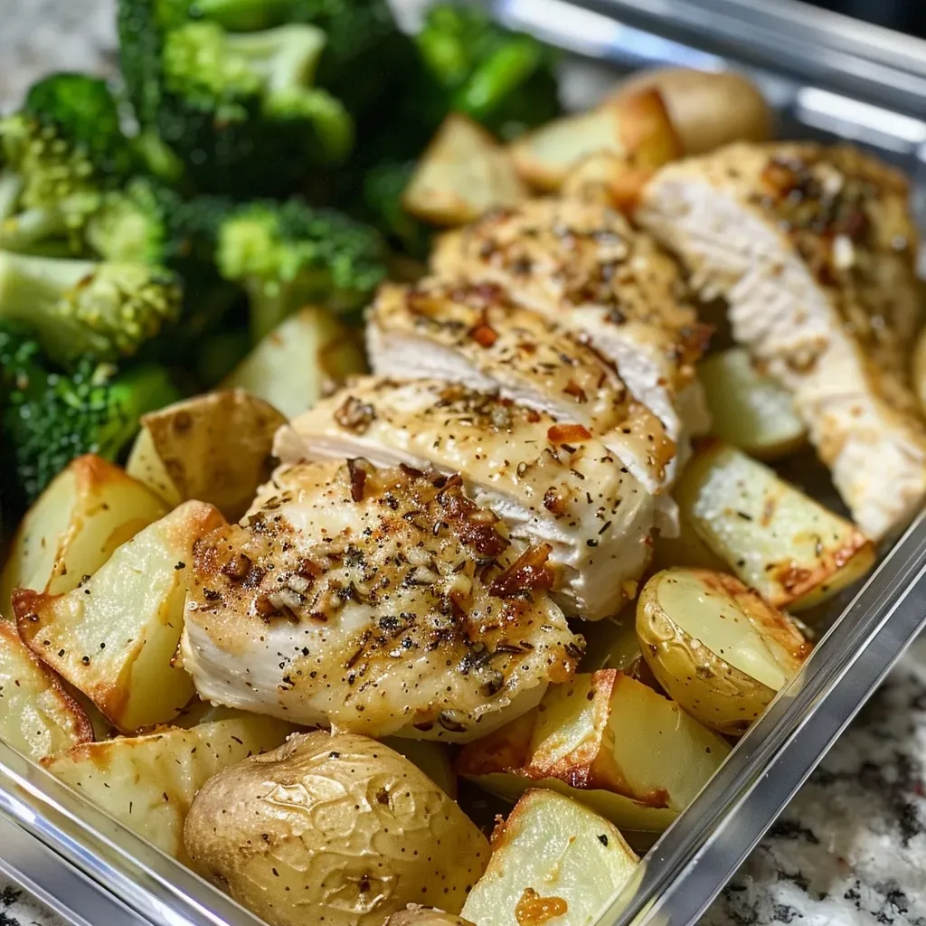['Close-up of a colorful Ranch Chicken Meal Prep with chicken, broccoli, and potatoes.', 'Juicy Ranch Chicken surrounded by seasoned potatoes and broccoli in meal prep containers.', 'Side view of a delicious meal prep featuring Ranch Chicken and fresh vegetables on a table.', 'Tasty Ranch Chicken Meal Prep with vibrant broccoli and golden-brown potatoes displayed.']