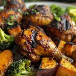 ['Close-up view of a savory roasted BBQ chicken bowl with sweet potatoes and broccoli.', 'Side view of a colorful roasted BBQ chicken and sweet potato bowl garnished with fresh broccoli.', 'Juicy roasted BBQ chicken served in a bowl with diced sweet potatoes and vibrant broccoli florets.', 'Appetizing roasted chicken bowl featuring sweet potato cubes and broccoli in a close-up shot.']