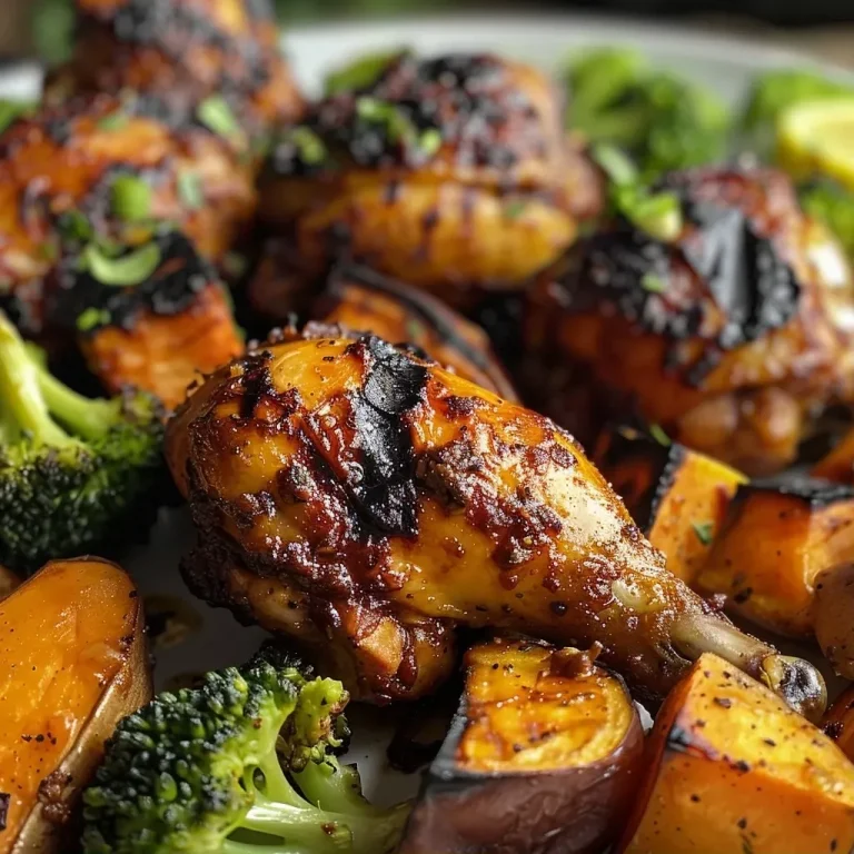 ['Close-up view of a savory roasted BBQ chicken bowl with sweet potatoes and broccoli.', 'Side view of a colorful roasted BBQ chicken and sweet potato bowl garnished with fresh broccoli.', 'Juicy roasted BBQ chicken served in a bowl with diced sweet potatoes and vibrant broccoli florets.', 'Appetizing roasted chicken bowl featuring sweet potato cubes and broccoli in a close-up shot.']