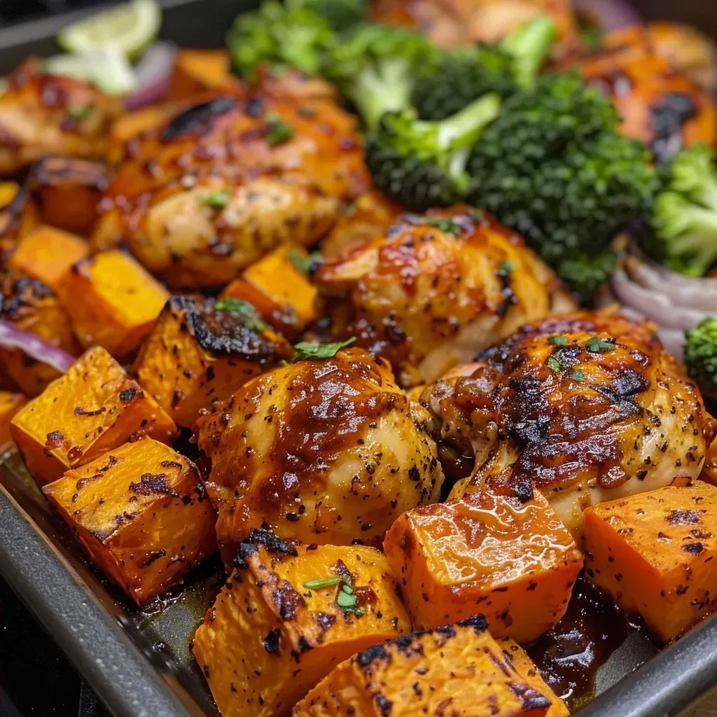 ['Close-up view of a savory roasted BBQ chicken bowl with sweet potatoes and broccoli.', 'Side view of a colorful roasted BBQ chicken and sweet potato bowl garnished with fresh broccoli.', 'Juicy roasted BBQ chicken served in a bowl with diced sweet potatoes and vibrant broccoli florets.', 'Appetizing roasted chicken bowl featuring sweet potato cubes and broccoli in a close-up shot.']