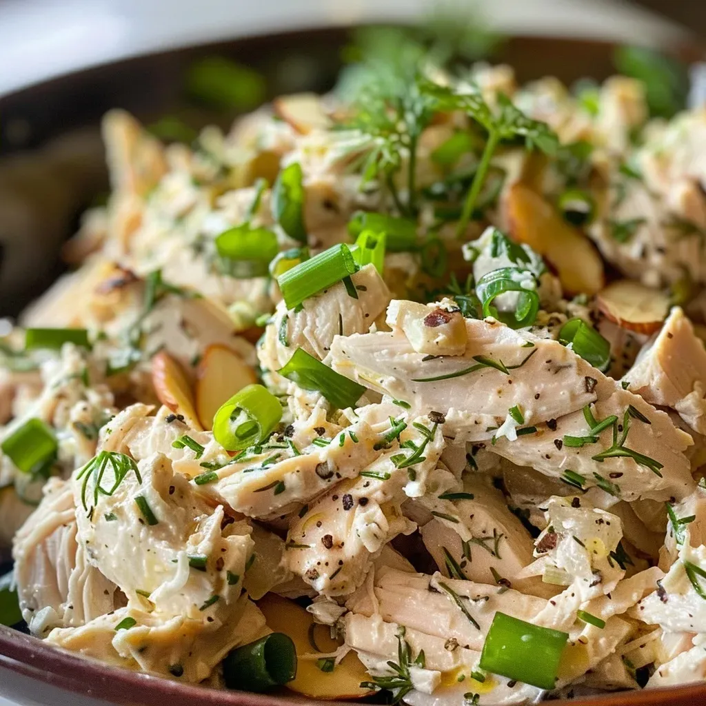['Close-up side view of a vibrant Rosemary Chicken Salad featuring shredded chicken and colorful toppings.', 'Juicy Rosemary Chicken Salad served in a bowl, highlighting green onions and optional sliced grapes.', 'Detailed image of Rosemary Chicken Salad with a rustic presentation and creamy texture visible.', 'Close-up of Rosemary Chicken Salad garnished with almonds and fresh herbs, showcasing its freshness.']