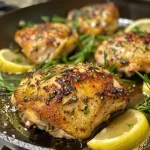 ['Juicy rosemary chicken breast garnished with fresh herbs and lemon slices.', 'Close-up of seasoned rosemary chicken, highlighting its golden-brown crust.', 'Side view of succulent rosemary chicken, drizzled with melted butter and lemon.', 'Tender chicken breast infused with rosemary, accompanied by lemon wedges.']