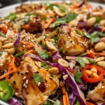 ['A close-up view of a colorful Sesame Chicken Cabbage Crunch Salad featuring grilled chicken, assorted vegetables, and nuts.', 'A vibrant plate of Sesame Chicken Cabbage Crunch Salad, showcasing shredded cabbages, carrots, and chicken with dressing.', 'A detailed side view of a fresh salad with grilled chicken, colorful vegetables, and garnishes on a white plate.', 'An appetizing serving of Sesame Chicken Cabbage Crunch Salad, highlighting the mix of greens, nuts, and toppings.']