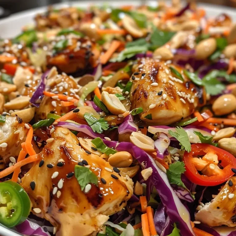 ['A close-up view of a colorful Sesame Chicken Cabbage Crunch Salad featuring grilled chicken, assorted vegetables, and nuts.', 'A vibrant plate of Sesame Chicken Cabbage Crunch Salad, showcasing shredded cabbages, carrots, and chicken with dressing.', 'A detailed side view of a fresh salad with grilled chicken, colorful vegetables, and garnishes on a white plate.', 'An appetizing serving of Sesame Chicken Cabbage Crunch Salad, highlighting the mix of greens, nuts, and toppings.']