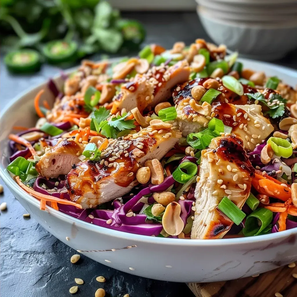 ['A close-up view of a colorful Sesame Chicken Cabbage Crunch Salad featuring grilled chicken, assorted vegetables, and nuts.', 'A vibrant plate of Sesame Chicken Cabbage Crunch Salad, showcasing shredded cabbages, carrots, and chicken with dressing.', 'A detailed side view of a fresh salad with grilled chicken, colorful vegetables, and garnishes on a white plate.', 'An appetizing serving of Sesame Chicken Cabbage Crunch Salad, highlighting the mix of greens, nuts, and toppings.']