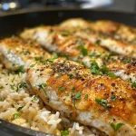 ['A close-up view of a skillet containing garlic chicken and rice casserole, showcasing juicy chicken tenderloins and rice.', 'Side view of a delicious chicken and rice casserole in a skillet, highlighting garlic and savory ingredients.', 'Juicy garlic chicken and rice casserole in a skillet, with diced onions and a rich broth visible.', 'A mouthwatering skillet of garlic chicken mixed with long-grain rice and garnished with herbs.']