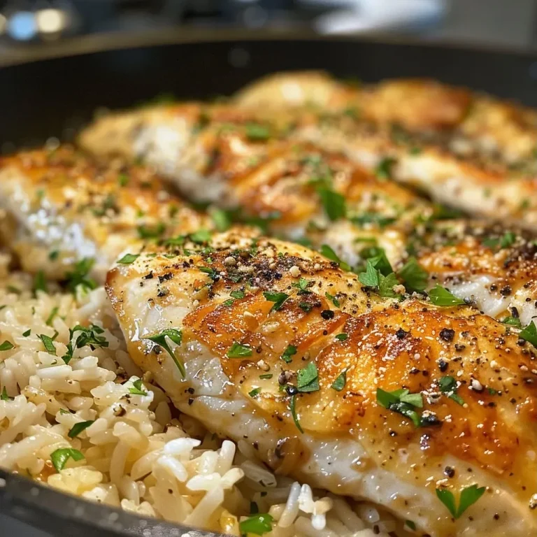 ['A close-up view of a skillet containing garlic chicken and rice casserole, showcasing juicy chicken tenderloins and rice.', 'Side view of a delicious chicken and rice casserole in a skillet, highlighting garlic and savory ingredients.', 'Juicy garlic chicken and rice casserole in a skillet, with diced onions and a rich broth visible.', 'A mouthwatering skillet of garlic chicken mixed with long-grain rice and garnished with herbs.']