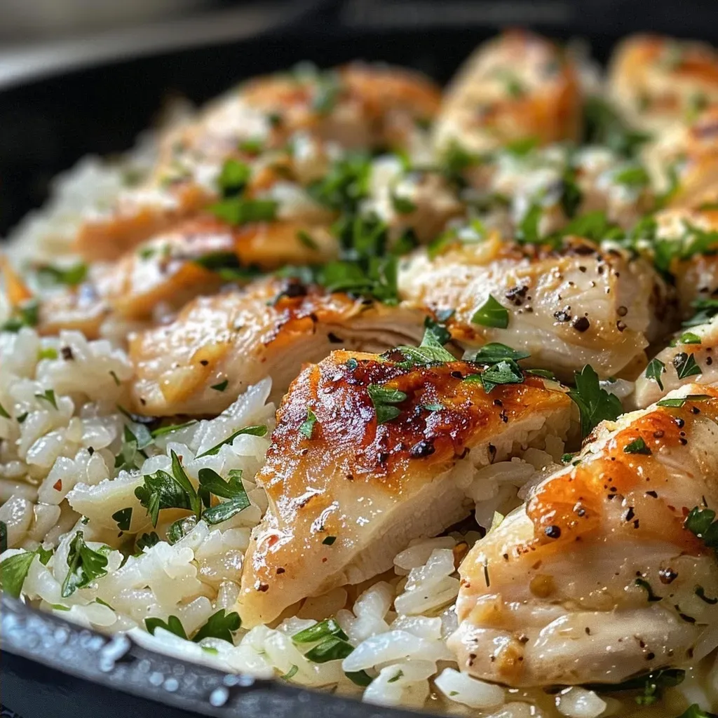['A close-up view of a skillet containing garlic chicken and rice casserole, showcasing juicy chicken tenderloins and rice.', 'Side view of a delicious chicken and rice casserole in a skillet, highlighting garlic and savory ingredients.', 'Juicy garlic chicken and rice casserole in a skillet, with diced onions and a rich broth visible.', 'A mouthwatering skillet of garlic chicken mixed with long-grain rice and garnished with herbs.']
