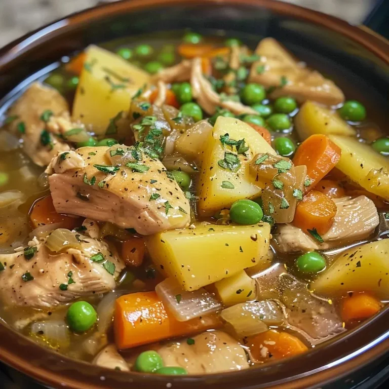 ['Close-up of a hearty chicken stew with vegetables in a bowl.', 'Juicy chicken stew with carrots, potatoes, and peas in a rustic setting.', 'A side view of slow-cooked chicken stew, showcasing tender meat and vibrant veggies.', 'An appetizing bowl of chicken stew with garlic and herbs, garnished for presentation.']