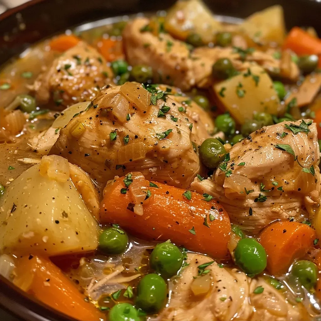 ['Close-up of a hearty chicken stew with vegetables in a bowl.', 'Juicy chicken stew with carrots, potatoes, and peas in a rustic setting.', 'A side view of slow-cooked chicken stew, showcasing tender meat and vibrant veggies.', 'An appetizing bowl of chicken stew with garlic and herbs, garnished for presentation.']