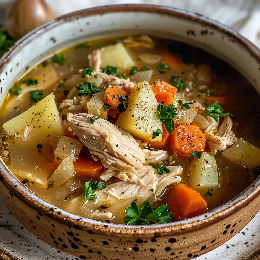 ['Close-up view of a steaming bowl of Small Batch Chicken and Vegetable Soup with chunks of chicken and colorful vegetables.', 'Side view of a hearty chicken and vegetable soup in a bowl, garnished with fresh parsley and surrounded by ingredients.', 'Rich and steaming Small Batch Chicken and Vegetable Soup displaying vibrant carrots, potatoes, and herbs.', 'Bowl of chicken soup filled with tender chicken pieces, diced vegetables, and a sprinkle of Italian seasoning.']