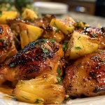 ['Close-up of juicy Smoked Hawaiian Chicken with a golden pineapple glaze.', 'Side view of succulent Smoked Hawaiian Chicken drizzled with glaze and garnished with herbs.', 'Detailed image of smoked chicken featuring a rich pineapple glaze and fresh garlic.', 'Juicy Smoked Hawaiian Chicken displayed with a vibrant pineapple sauce and olive oil sheen.']