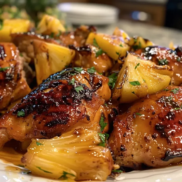 ['Close-up of juicy Smoked Hawaiian Chicken with a golden pineapple glaze.', 'Side view of succulent Smoked Hawaiian Chicken drizzled with glaze and garnished with herbs.', 'Detailed image of smoked chicken featuring a rich pineapple glaze and fresh garlic.', 'Juicy Smoked Hawaiian Chicken displayed with a vibrant pineapple sauce and olive oil sheen.']
