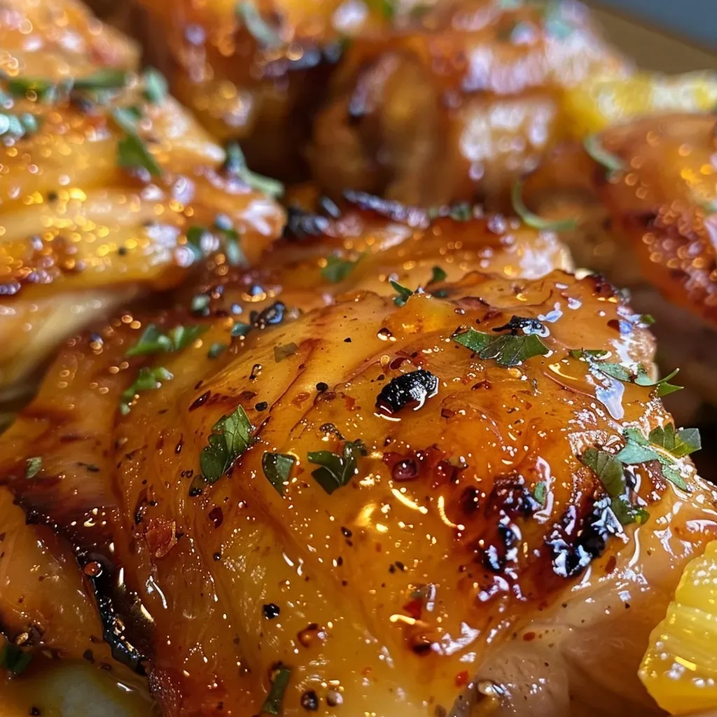 ['Close-up of juicy Smoked Hawaiian Chicken with a golden pineapple glaze.', 'Side view of succulent Smoked Hawaiian Chicken drizzled with glaze and garnished with herbs.', 'Detailed image of smoked chicken featuring a rich pineapple glaze and fresh garlic.', 'Juicy Smoked Hawaiian Chicken displayed with a vibrant pineapple sauce and olive oil sheen.']