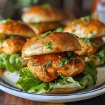 ['Close-up side view of juicy Sriracha chicken sliders on a plate.', 'A delicious Sriracha chicken slider stacked with toppings, showing textures and colors.', 'Juicy Sriracha chicken slider with creamy cheese and lettuce, presented on a wooden board.', 'An appetizing arrangement of Sriracha chicken sliders with visible sauce and garnishes.']