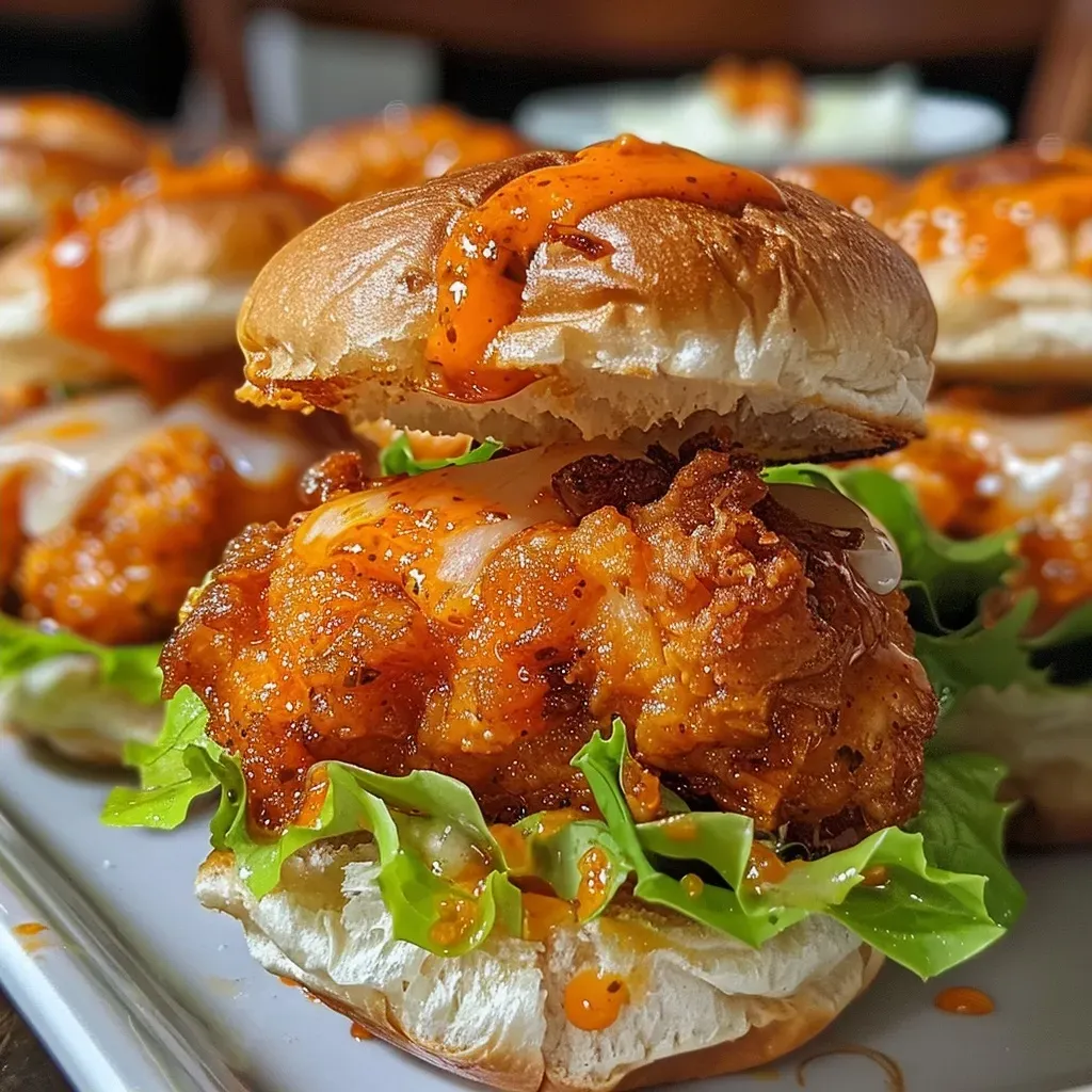 ['Close-up side view of juicy Sriracha chicken sliders on a plate.', 'A delicious Sriracha chicken slider stacked with toppings, showing textures and colors.', 'Juicy Sriracha chicken slider with creamy cheese and lettuce, presented on a wooden board.', 'An appetizing arrangement of Sriracha chicken sliders with visible sauce and garnishes.']
