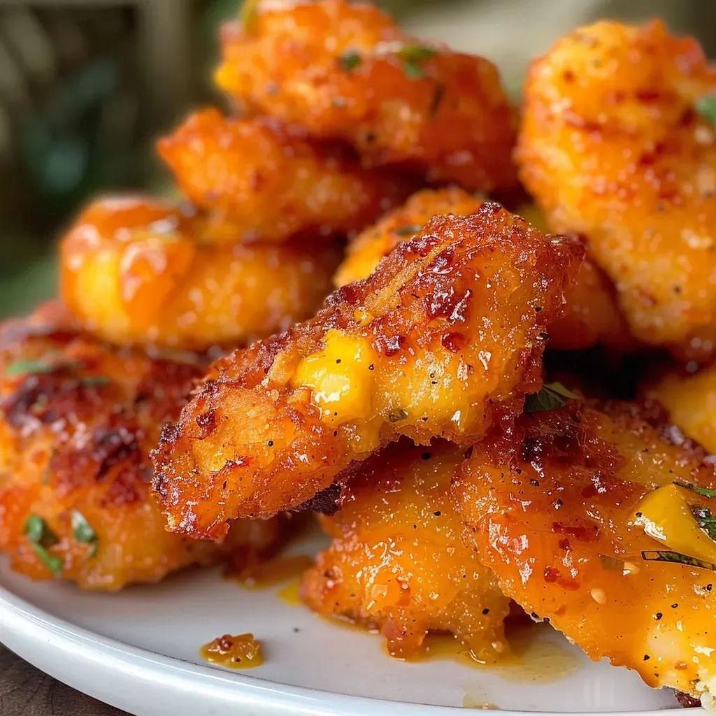 ['Close-up view of crispy chicken bites coated in a spicy mango habanero sauce.', 'Juicy Swicy Mango Habanero Chicken Bites on a plate, showcasing vibrant colors and texture.', 'Side angle of fried chicken bites garnished with mango and habanero, emphasizing their golden crust.', 'A mouthwatering display of Swicy Mango Habanero Chicken Bites, highlighting their juicy interior and crispy exterior.']