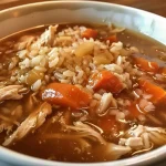 ['A close-up view of Teriyaki Chicken and Rice Soup in a bowl, featuring juicy chicken, rice, and carrots.', 'A side view of a bowl of Teriyaki Chicken and Rice Soup, showcasing shredded chicken, broth, and vegetables.', 'A detailed shot of Teriyaki Chicken and Rice Soup, highlighting the texture of the rice and the vibrant carrots.', 'A close-up image of a savory bowl of Teriyaki Chicken and Rice Soup with a rich broth and colorful ingredients.']