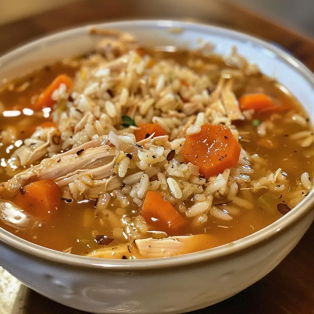 ['A close-up view of Teriyaki Chicken and Rice Soup in a bowl, featuring juicy chicken, rice, and carrots.', 'A side view of a bowl of Teriyaki Chicken and Rice Soup, showcasing shredded chicken, broth, and vegetables.', 'A detailed shot of Teriyaki Chicken and Rice Soup, highlighting the texture of the rice and the vibrant carrots.', 'A close-up image of a savory bowl of Teriyaki Chicken and Rice Soup with a rich broth and colorful ingredients.']