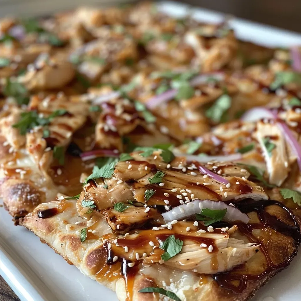 ['Close-up view of a juicy Teriyaki Chicken Flatbread topped with melted cheese and fresh cilantro.', 'Side view of a delicious Teriyaki Chicken Flatbread featuring sliced onions and a drizzle of teriyaki sauce.', 'Juicy Teriyaki Chicken Flatbread garnished with cilantro and red pepper flakes, showcasing its layered ingredients.', 'Freshly made Teriyaki Chicken Flatbread with visible chicken, cheese, and a light sprinkle of sesame oil.']