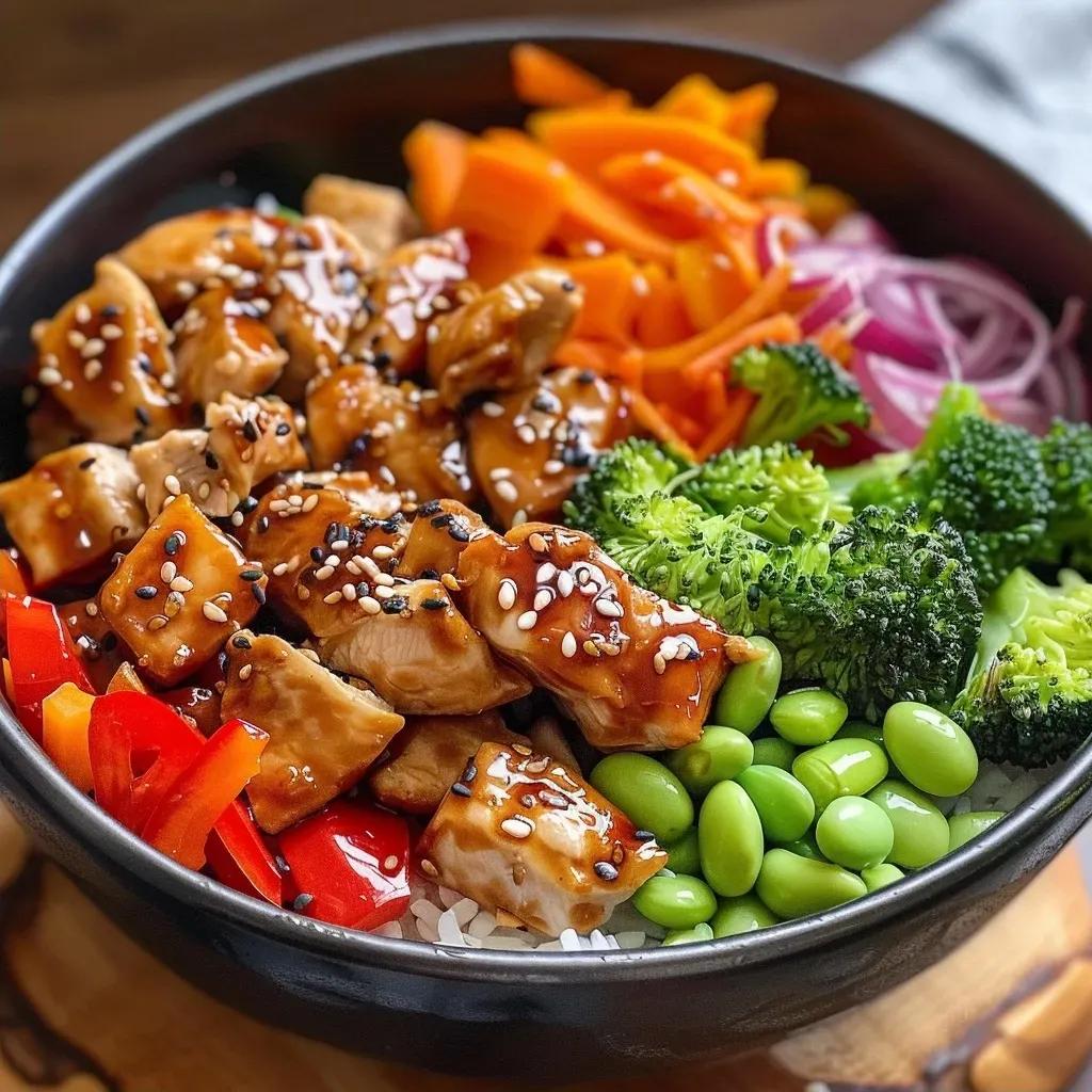 ['Close-up view of a Teriyaki Chicken Power Bowl filled with vibrant vegetables and chicken.', 'Side perspective of a colorful Teriyaki Chicken Power Bowl, showcasing fresh ingredients.', 'Juicy Teriyaki Chicken Power Bowl highlighting a medley of vegetables and sauces.', 'Detailed view of a Teriyaki Chicken Power Bowl with pieces of chicken and assorted veggies.']
