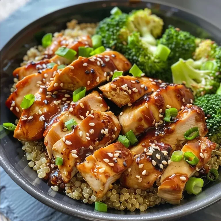 ['Close-up of a Teriyaki Chicken Quinoa Bowl with broccoli and garnishes.', 'Side view of a vibrant Teriyaki Chicken Quinoa Bowl featuring succulent chicken and fresh broccoli.', 'Detailed view of a healthy Teriyaki Chicken Quinoa Bowl filled with ingredients and garnished with sesame seeds.', 'Colorful display of Teriyaki Chicken with quinoa and broccoli in an appealing bowl.']