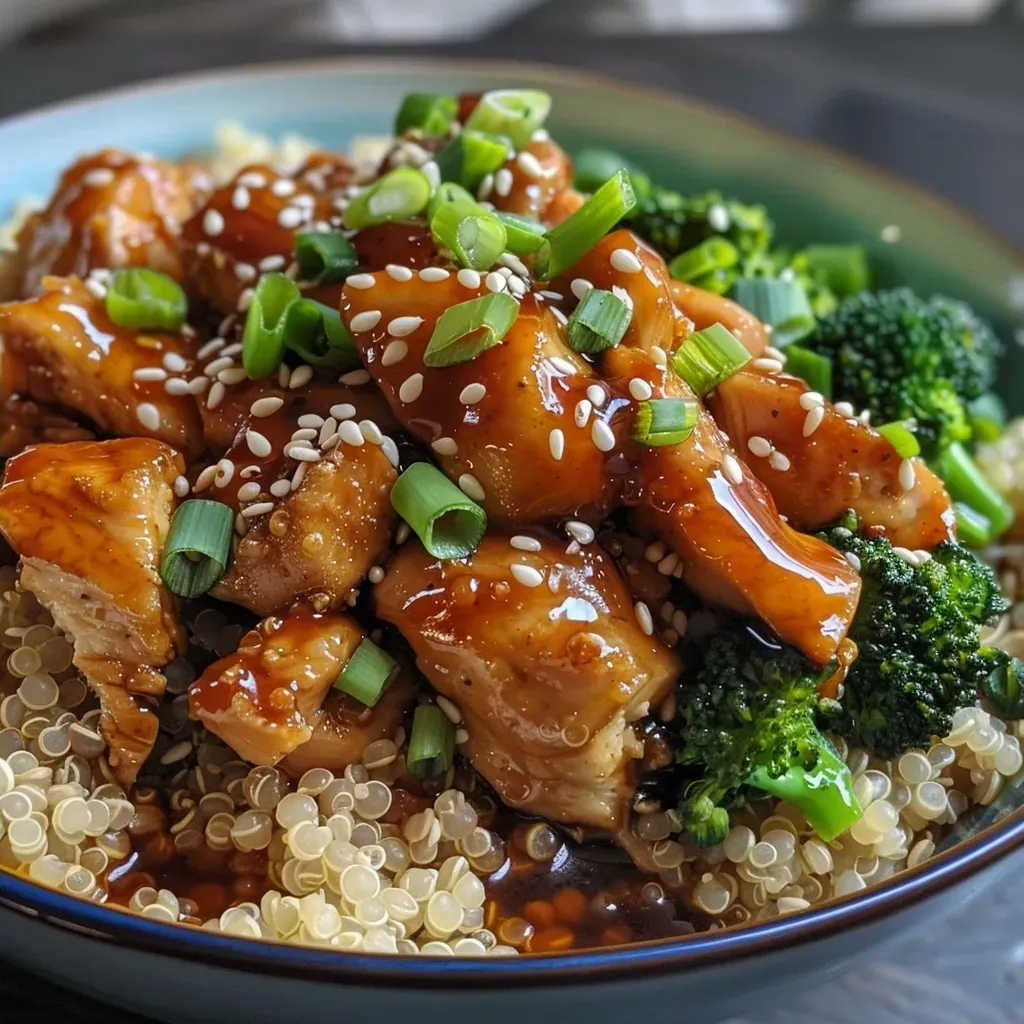 ['Close-up of a Teriyaki Chicken Quinoa Bowl with broccoli and garnishes.', 'Side view of a vibrant Teriyaki Chicken Quinoa Bowl featuring succulent chicken and fresh broccoli.', 'Detailed view of a healthy Teriyaki Chicken Quinoa Bowl filled with ingredients and garnished with sesame seeds.', 'Colorful display of Teriyaki Chicken with quinoa and broccoli in an appealing bowl.']