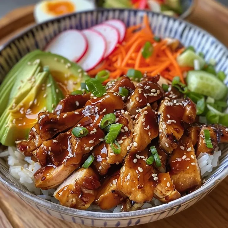 ['Close-up of a Teriyaki Chicken Rice Bowl featuring juicy chicken, rice, avocado, and colorful vegetables.', 'Side view of a Teriyaki Chicken Rice Bowl with sliced chicken, rice, a boiled egg, and garnishes.', 'Detailed view of a Teriyaki Chicken Rice Bowl showing chicken, rice, sliced avocado, and radishes.', 'Juicy Teriyaki Chicken Rice Bowl with cooked rice, chicken, fresh vegetables, and sesame seeds.']