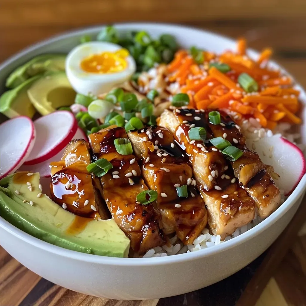 ['Close-up of a Teriyaki Chicken Rice Bowl featuring juicy chicken, rice, avocado, and colorful vegetables.', 'Side view of a Teriyaki Chicken Rice Bowl with sliced chicken, rice, a boiled egg, and garnishes.', 'Detailed view of a Teriyaki Chicken Rice Bowl showing chicken, rice, sliced avocado, and radishes.', 'Juicy Teriyaki Chicken Rice Bowl with cooked rice, chicken, fresh vegetables, and sesame seeds.']
