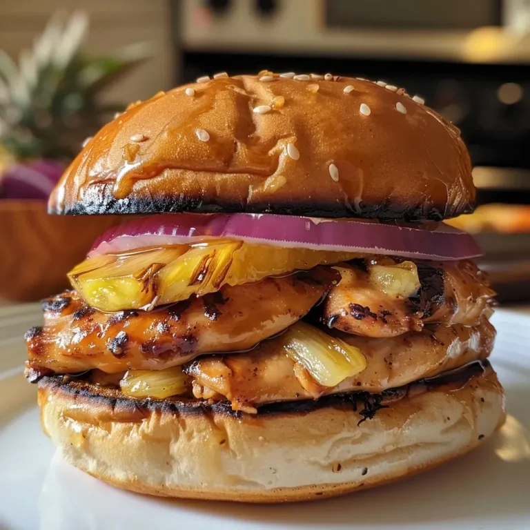 ['Close-up of a juicy Teriyaki Chicken Sandwich stacked with pineapple and Swiss cheese.', 'Side view of a Teriyaki Chicken Sandwich on a wooden table, showcasing its layers.', 'Appetizing Teriyaki Chicken Sandwich with vibrant toppings, including sliced red onion.', 'Mouth-watering Teriyaki Chicken Sandwich featuring chicken glazed in teriyaki sauce.']