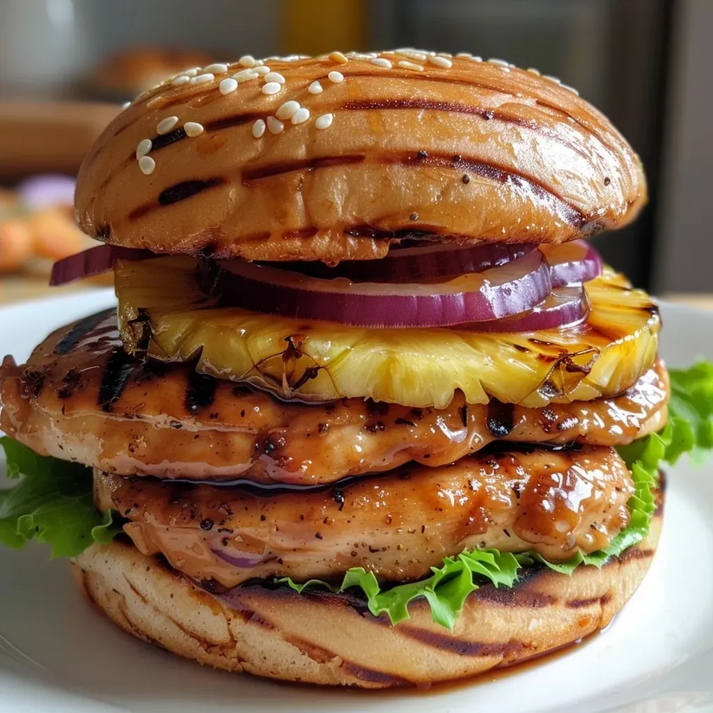 ['Close-up of a juicy Teriyaki Chicken Sandwich stacked with pineapple and Swiss cheese.', 'Side view of a Teriyaki Chicken Sandwich on a wooden table, showcasing its layers.', 'Appetizing Teriyaki Chicken Sandwich with vibrant toppings, including sliced red onion.', 'Mouth-watering Teriyaki Chicken Sandwich featuring chicken glazed in teriyaki sauce.']