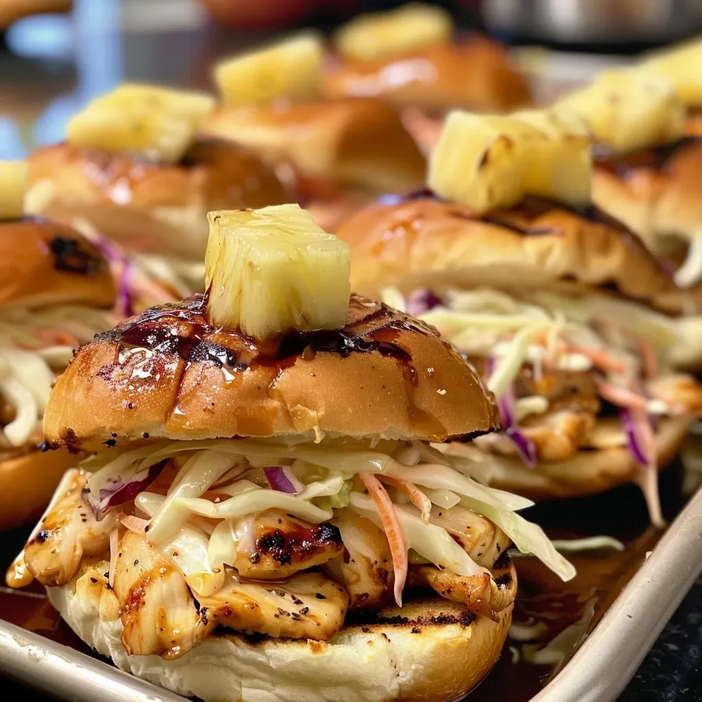 ['Juicy Teriyaki Chicken Sliders with pineapple rings on a wooden board.', 'Close-up side view of Teriyaki Chicken Sliders with provolone cheese and coleslaw.', 'Teriyaki Chicken Sliders stacked with vibrant coleslaw and a drizzle of sauce.', 'Delicious Teriyaki Chicken Sliders garnished with fresh ingredients.']