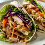 ['Close-up of a juicy Teriyaki Chicken Wrap filled with fresh vegetables.', 'Side view of a vibrant Teriyaki Chicken Wrap showcasing colorful ingredients.', 'Detailed view of a Teriyaki Chicken Wrap with shredded carrots and cabbage.', 'Appetizing Teriyaki Chicken Wrap with glistening chicken and crunchy lettuce.']