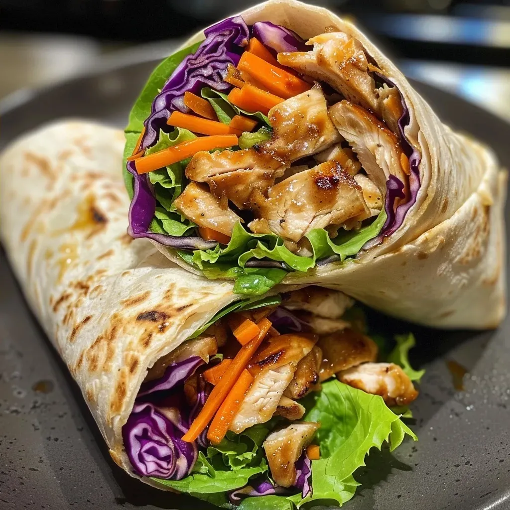 ['Close-up of a juicy Teriyaki Chicken Wrap filled with fresh vegetables.', 'Side view of a vibrant Teriyaki Chicken Wrap showcasing colorful ingredients.', 'Detailed view of a Teriyaki Chicken Wrap with shredded carrots and cabbage.', 'Appetizing Teriyaki Chicken Wrap with glistening chicken and crunchy lettuce.']