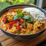 ['Juicy Thai red curry chicken with vibrant colors and herbs.', 'Close-up view of Thai red curry chicken in a bowl, garnished with basil.', 'Side view of succulent Thai red curry chicken showcasing its rich sauce.', 'Detailed shot of a dish featuring Thai red curry chicken and vegetables.']