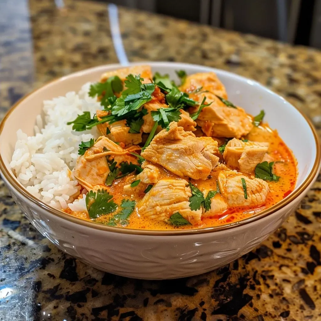 ['Juicy Thai red curry chicken with vibrant colors and herbs.', 'Close-up view of Thai red curry chicken in a bowl, garnished with basil.', 'Side view of succulent Thai red curry chicken showcasing its rich sauce.', 'Detailed shot of a dish featuring Thai red curry chicken and vegetables.']