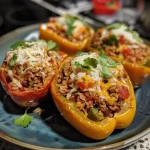 ['Close-up view of juicy turkey stuffed peppers on a white plate.', 'Side view of colorful bell peppers filled with ground turkey and rice.', 'Delicious turkey stuffed peppers garnished with cilantro.', 'Vibrant bell peppers stuffed with turkey, rice, and beans.']