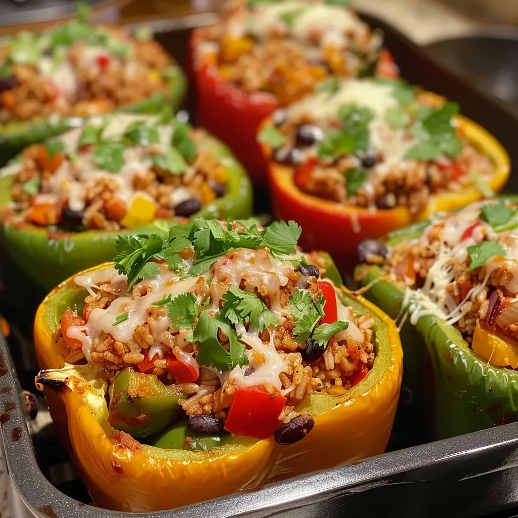 ['Close-up view of juicy turkey stuffed peppers on a white plate.', 'Side view of colorful bell peppers filled with ground turkey and rice.', 'Delicious turkey stuffed peppers garnished with cilantro.', 'Vibrant bell peppers stuffed with turkey, rice, and beans.']