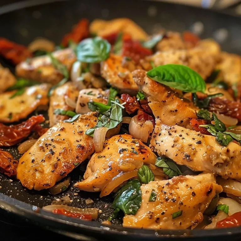 ['Close-up view of juicy Tuscan Chicken, with vibrant colors and textures.', 'Side view of Tuscan Chicken on a plate, showcasing its creamy sauce and spinach.', 'Detailed shot of Tuscan Chicken, featuring sun-dried tomatoes and Parmesan.', 'Juicy Tuscan Chicken with a rich sauce, garnished with fresh basil leaves.']