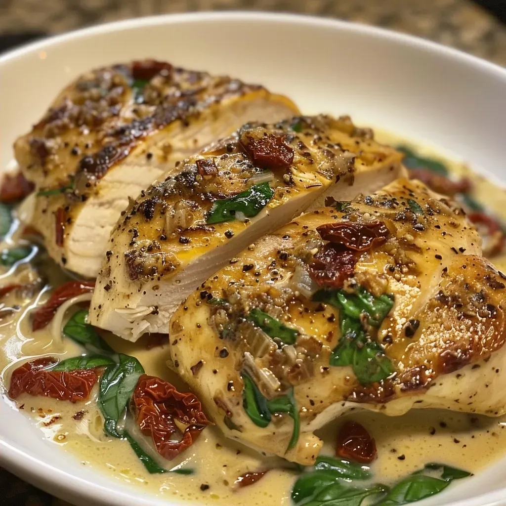 ['Close-up view of juicy Tuscan Chicken, with vibrant colors and textures.', 'Side view of Tuscan Chicken on a plate, showcasing its creamy sauce and spinach.', 'Detailed shot of Tuscan Chicken, featuring sun-dried tomatoes and Parmesan.', 'Juicy Tuscan Chicken with a rich sauce, garnished with fresh basil leaves.']