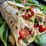 ['A close-up side view of a Tuscan Chicken Wrap filled with colorful ingredients.', 'Juicy Tuscan Chicken Wrap showcasing layers of chicken, spinach, and tomatoes.', 'A delicious Tuscan Chicken Wrap displayed on a plate, highlighting its ingredients.', 'Side view of a Tuscan Chicken Wrap with fresh basil and mozzarella peeking out.']