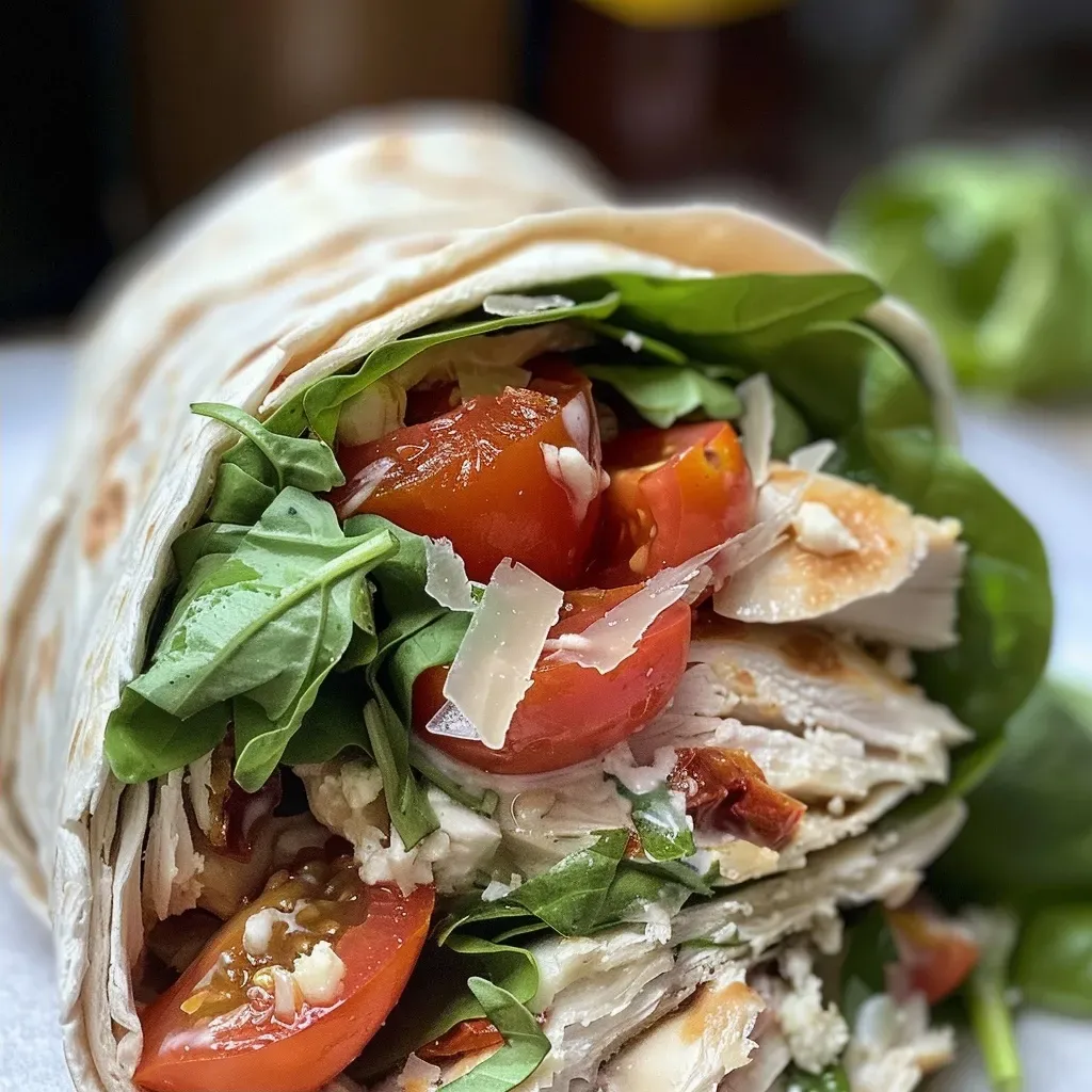 ['A close-up side view of a Tuscan Chicken Wrap filled with colorful ingredients.', 'Juicy Tuscan Chicken Wrap showcasing layers of chicken, spinach, and tomatoes.', 'A delicious Tuscan Chicken Wrap displayed on a plate, highlighting its ingredients.', 'Side view of a Tuscan Chicken Wrap with fresh basil and mozzarella peeking out.']