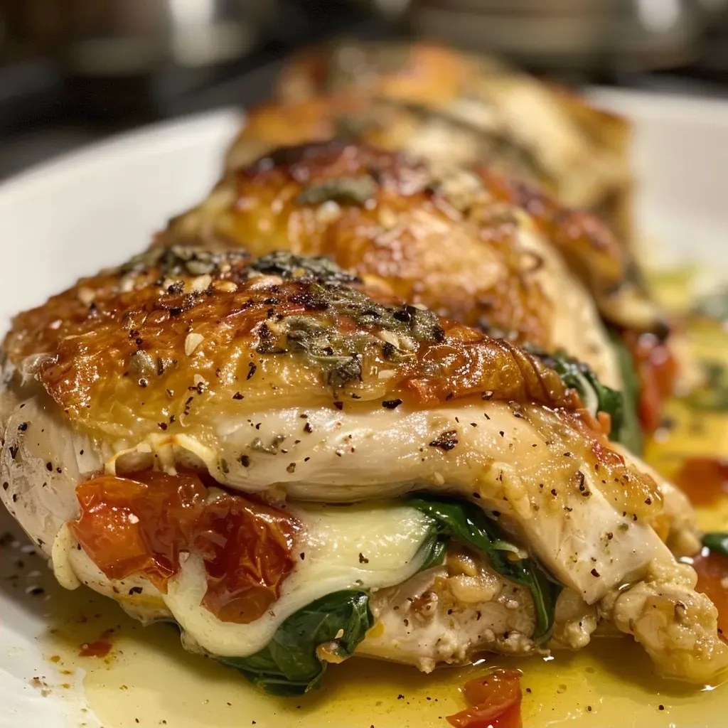 ['Juicy Tuscan Stuffed Chicken with visible roasted red peppers and provolone cheese.', 'Close-up view of a sliced Tuscan Stuffed Chicken, showcasing its colorful filling.', 'Side view of Tuscan Stuffed Chicken, featuring fresh spinach and melted cheese.', 'Detailed look at Tuscan Stuffed Chicken, highlighting vibrant ingredients and textures.']